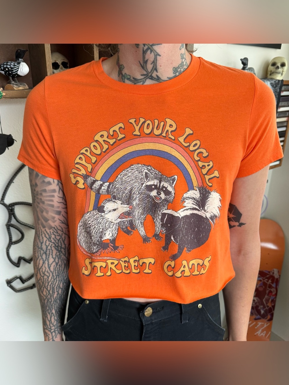 Support Your Local Street Cats Orange Cropped S/S Rainbow Graphic Tee ~ Size XS